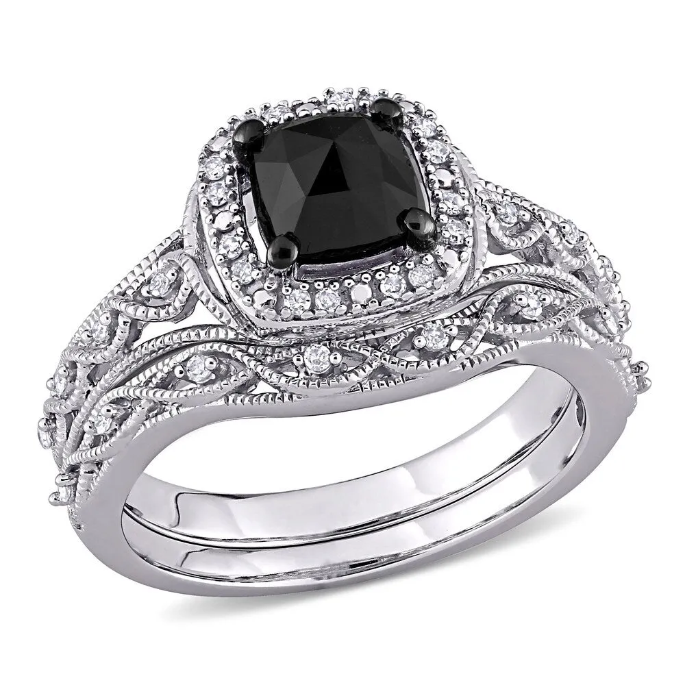 Miadora 10k White Gold 1 1/5ct TDW Cushion Black and White Diamond Vintage Halo Wedding Ring Set sold by Zulily