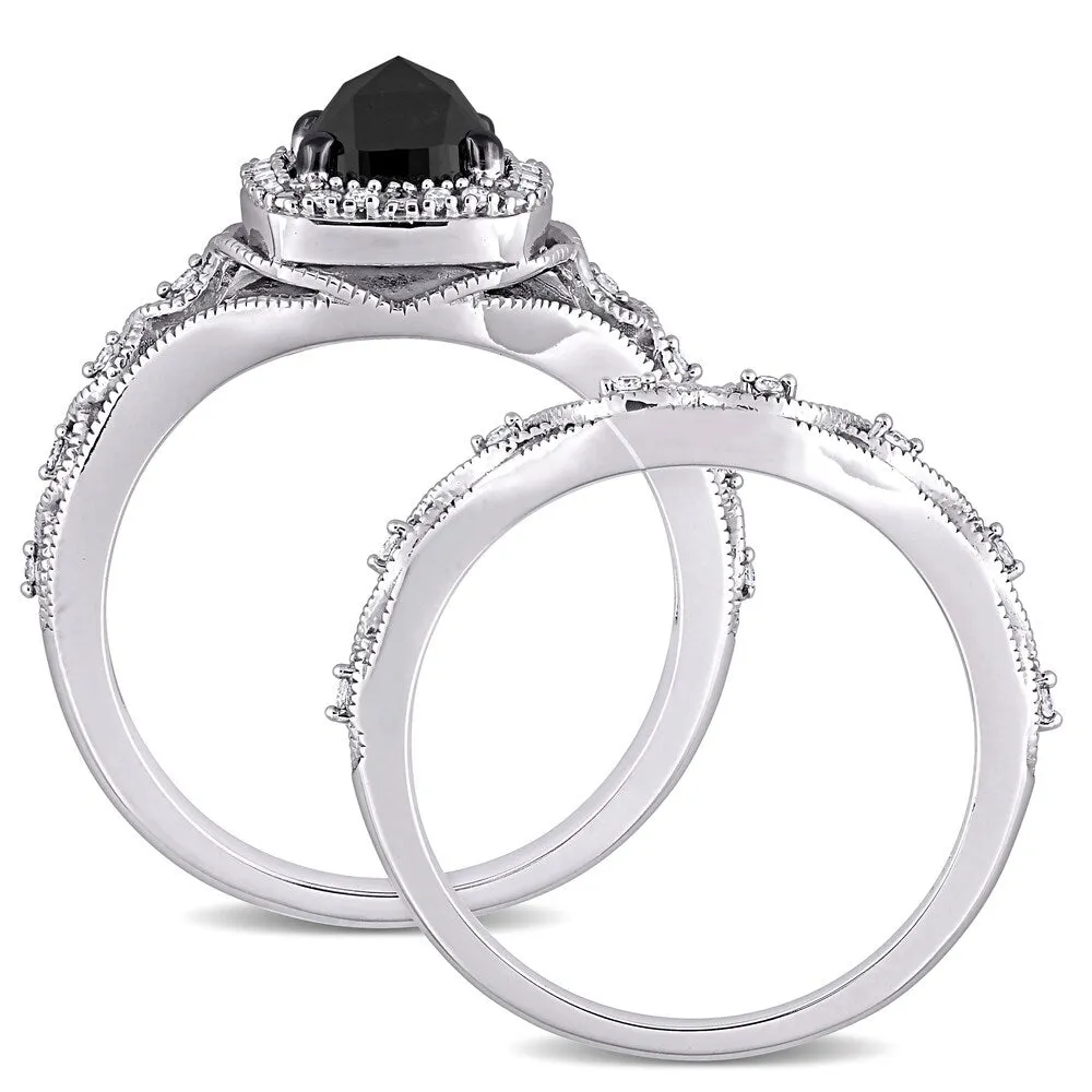 Miadora 10k White Gold 1 1/5ct TDW Cushion Black and White Diamond Vintage Halo Wedding Ring Set sold by Zulily product image thumbnail 4