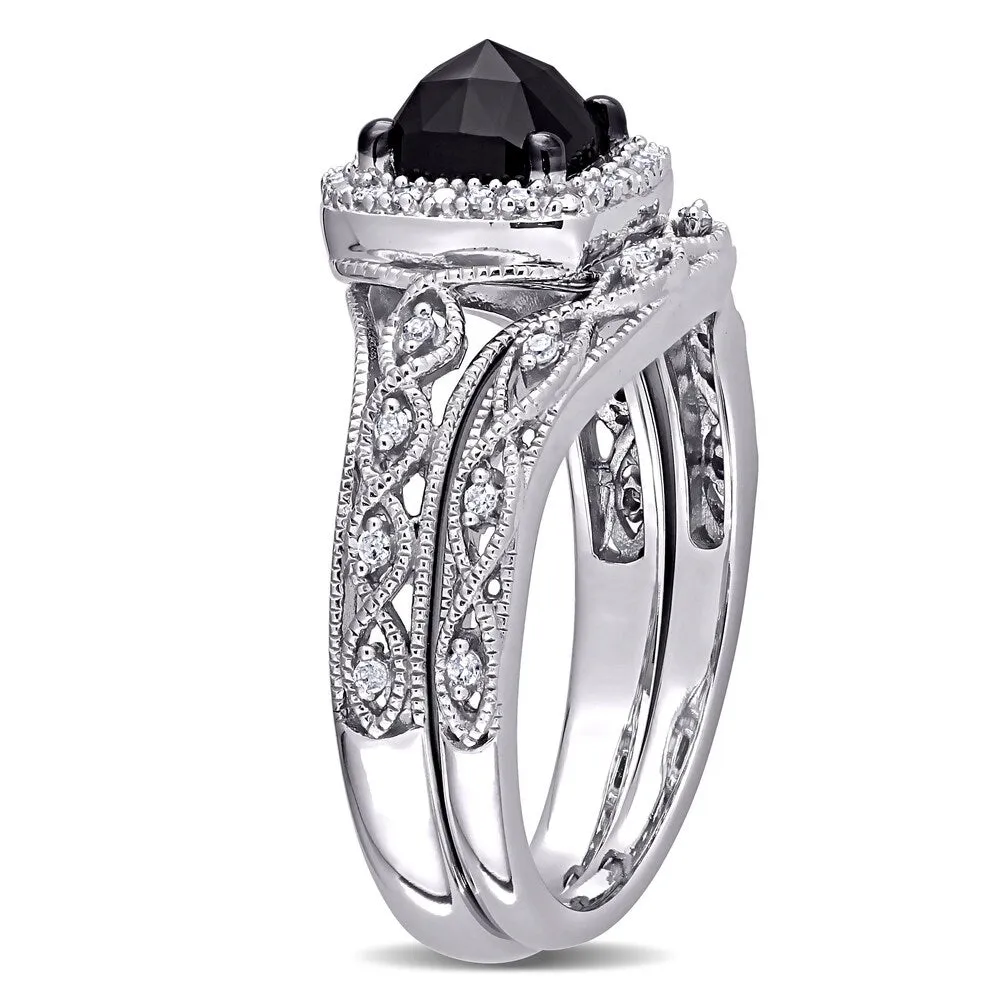 Miadora 10k White Gold 1 1/5ct TDW Cushion Black and White Diamond Vintage Halo Wedding Ring Set sold by Zulily product image thumbnail 3