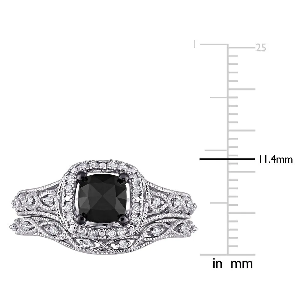 Miadora 10k White Gold 1 1/5ct TDW Cushion Black and White Diamond Vintage Halo Wedding Ring Set sold by Zulily product image thumbnail 5