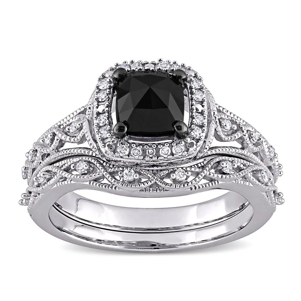 Miadora 10k White Gold 1 1/5ct TDW Cushion Black and White Diamond Vintage Halo Wedding Ring Set sold by Zulily product image thumbnail 2