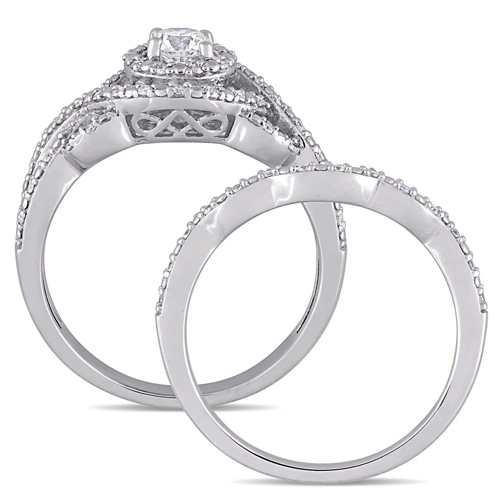 1/2ct TDW Diamond Double Halo Crossover Bridal Ring Set in 14k White Gold by Miadora sold by Zulily product image thumbnail 3