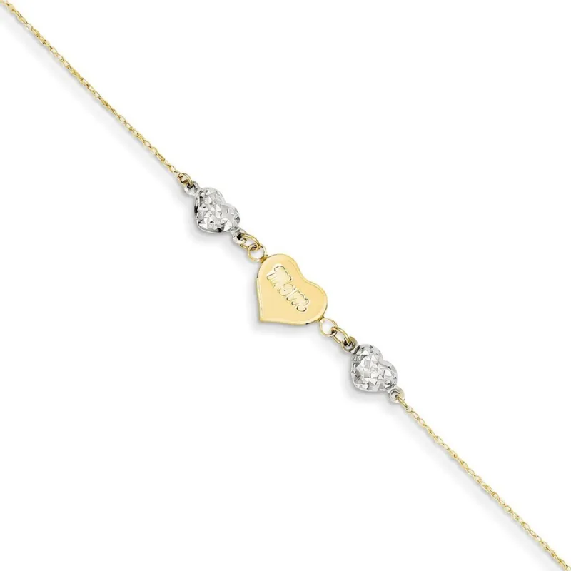 Curata 14k Two Tone Gold 9+1" Diamond-Cut Bead Puffed Heart "Mom" Anklet (Spring-ring) sold by Zulily