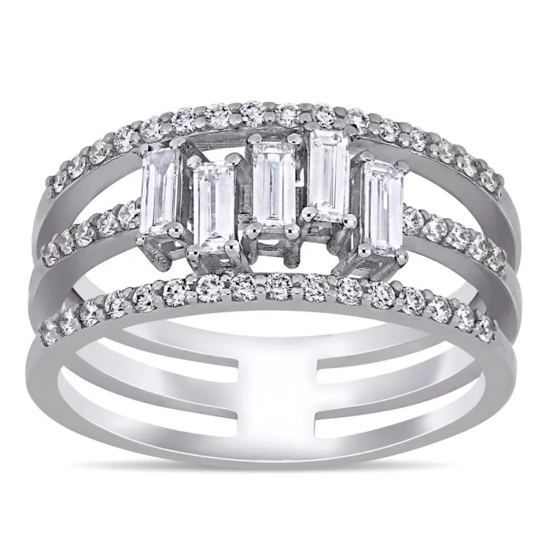 Miadora 14k White Gold 5/8ct TDW Baguette and Round-Cut 3-Row Geometric Anniversary Band ring sold by Zulily