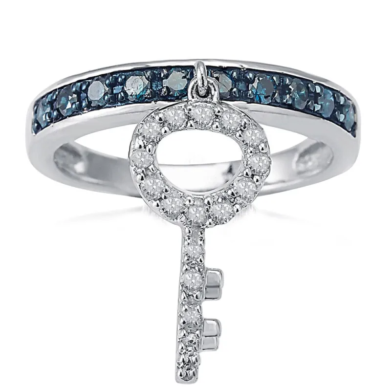Sterling Silver 1/2ctw TDW Blue and White Diamond Key Dangle Charm Band Ring sold by Zulily