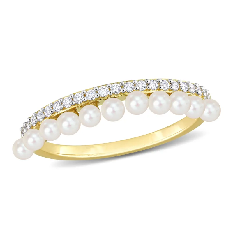 Miadora 2-2.5mm Cultured Freshwater Pearl and 1/6ct TDW Diamond Single Row Ring in 14k Yellow Gold sold by Zulily