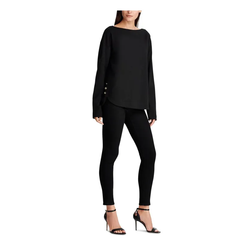 Ralph Lauren Women's Button Hem Long Sleeve Jewel Neck T-Shirt Top Black Size Small made by Ralph Lauren