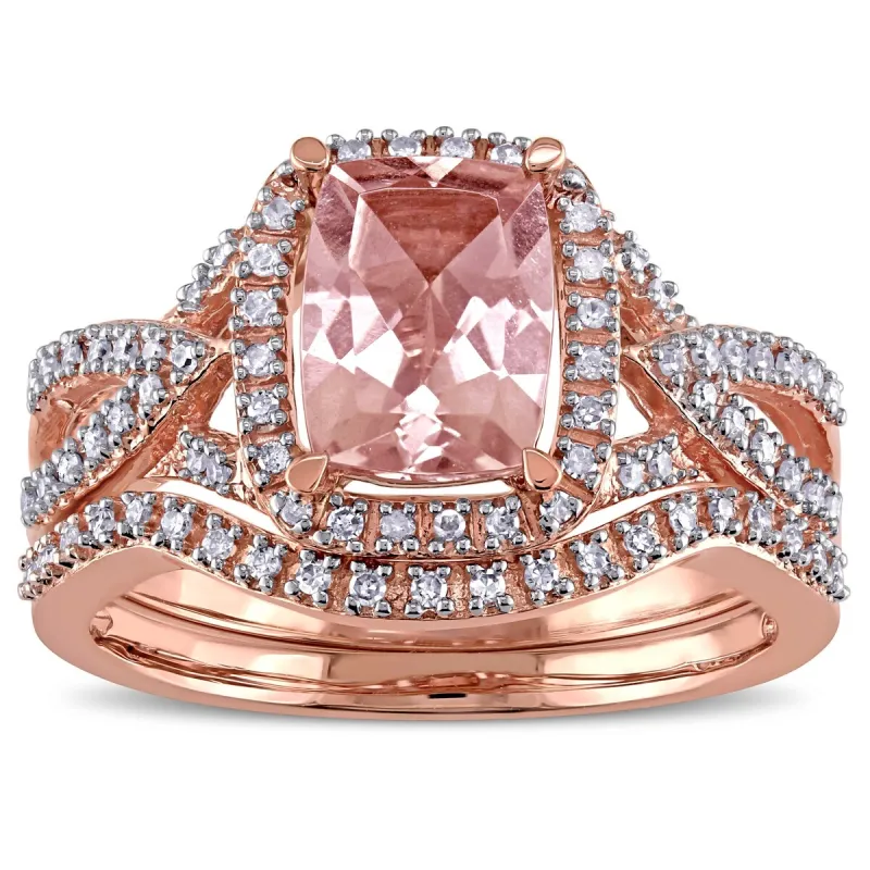 Halo Crossover Morganite 1/4ct TDW Diamond 10k Rose Gold Bridal Set by Miadora sold by Zulily