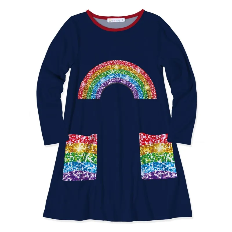 Dark Blue Glitter Rainbow Print Pocket Dress sold by Zulily