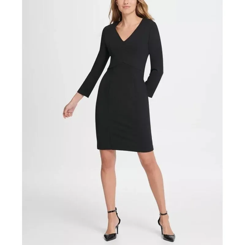 DKNY Women's Zippered Long Sleeve V Neck Above The Knee Sheath Party Dress Black Size 2 made by DKNY
