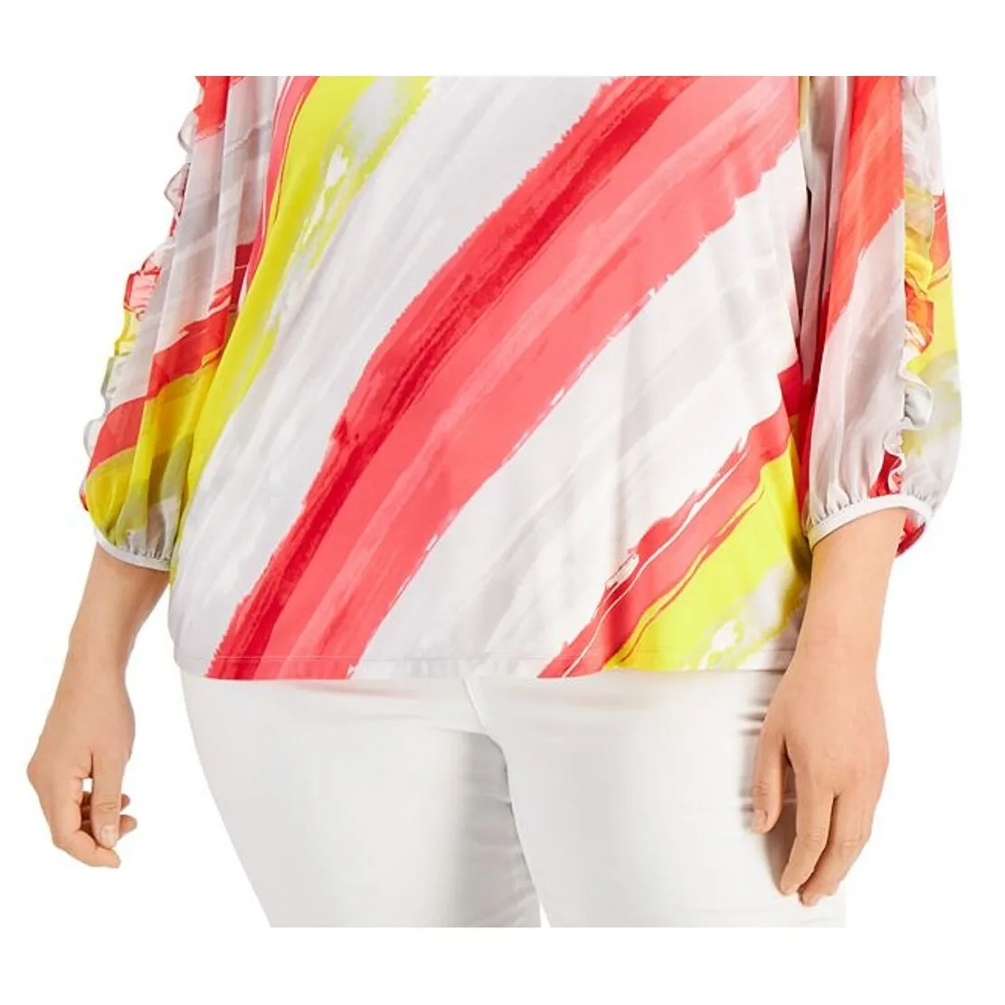 Calvin Klein Women's Stretch Sheer Long Cinched Ruffled Sleeves Striped V Neck Top White Size 2X sold by Zulily product image thumbnail 3