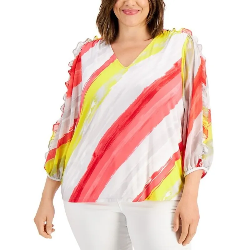 Calvin Klein Women's Stretch Sheer Long Cinched Ruffled Sleeves Striped V Neck Top White Size 2X made by Calvin Klein