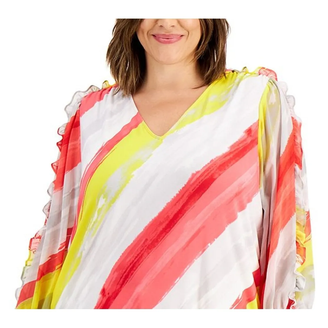 Calvin Klein Women's Stretch Sheer Long Cinched Ruffled Sleeves Striped V Neck Top White Size 2X sold by Zulily product image thumbnail 2
