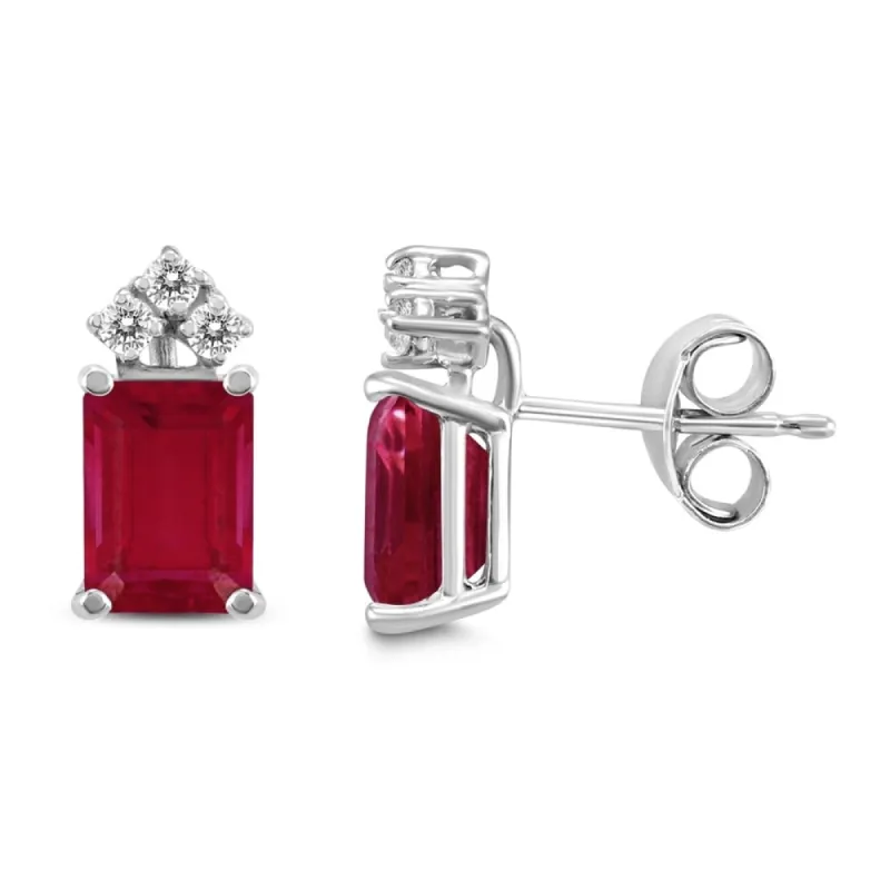 14K White Gold 6x4MM Emerald Shaped Ruby and Diamond Earrings sold by Zulily
