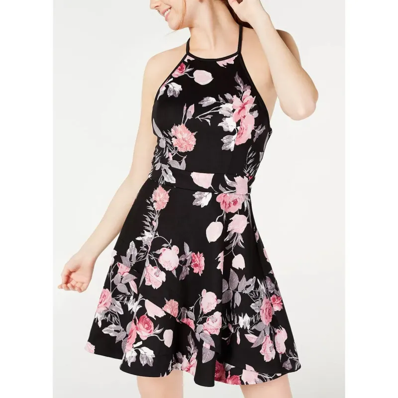 Speechless Women's Cris Cross Back Layered Floral Spaghetti Strap Jewel Neck Mini A Line Evening Dress Black/Pink Size 15 sold by Zulily