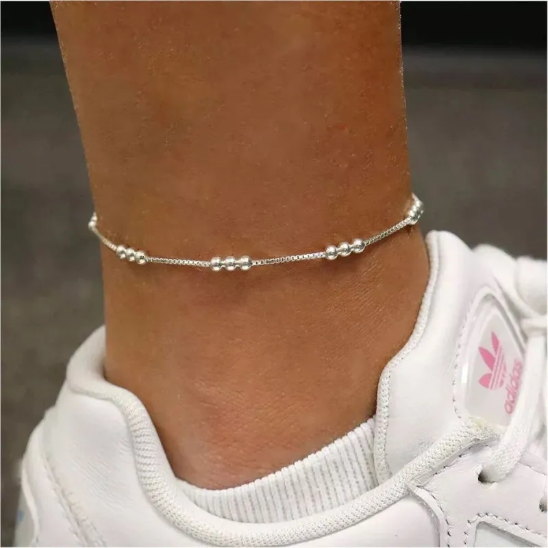 925 Sterling Silver Diamond Cut Triple Bead Anklet Chain 9" or 10" sold by Zulily
