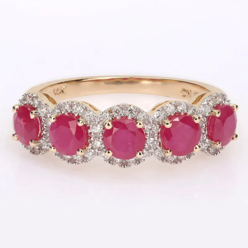 Miadora Ruby and 1/5ct TDW Diamond 5-Stone Halo Semi-Eternity Band Ring in 14k Yellow Gold sold by Zulily