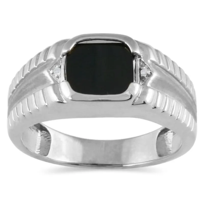 Men's Onyx and Diamond Ring in 10K White Gold sold by Zulily