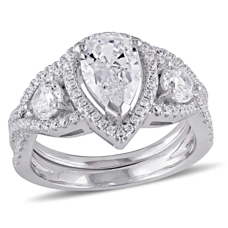Miadora 3.85 CT TGW Halo Pear Shaped Cubic Zirconia Bridal Set in Sterling Silver sold by Zulily