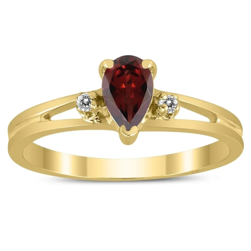 6X4MM Garnet and Diamond Pear Shaped Open Three Stone Ring in 10K Yellow Gold sold by Zulily
