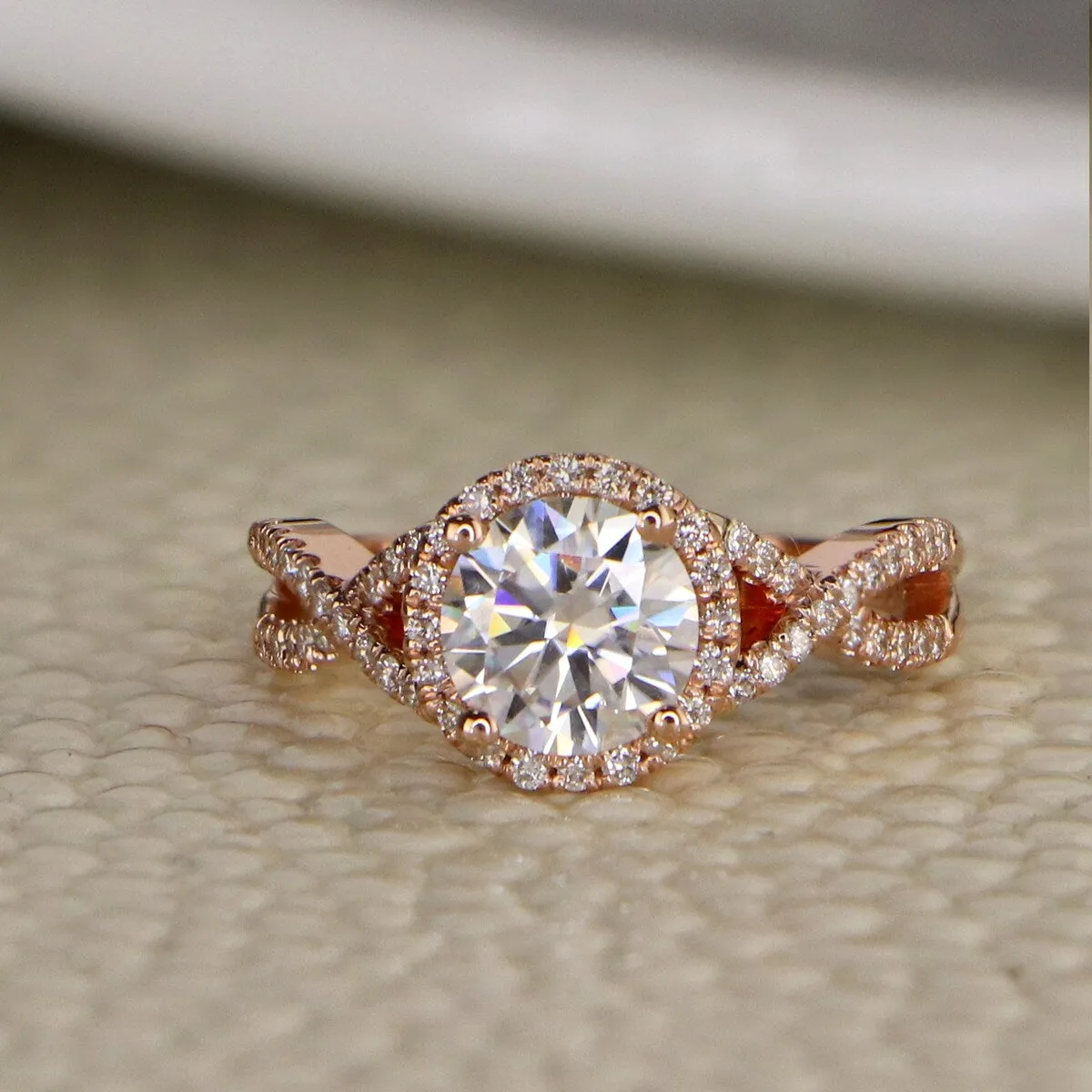 Auriya 14k Gold 1ct Twisted Moissanite Halo 1/5ct Diamond Engagement Ring sold by Zulily