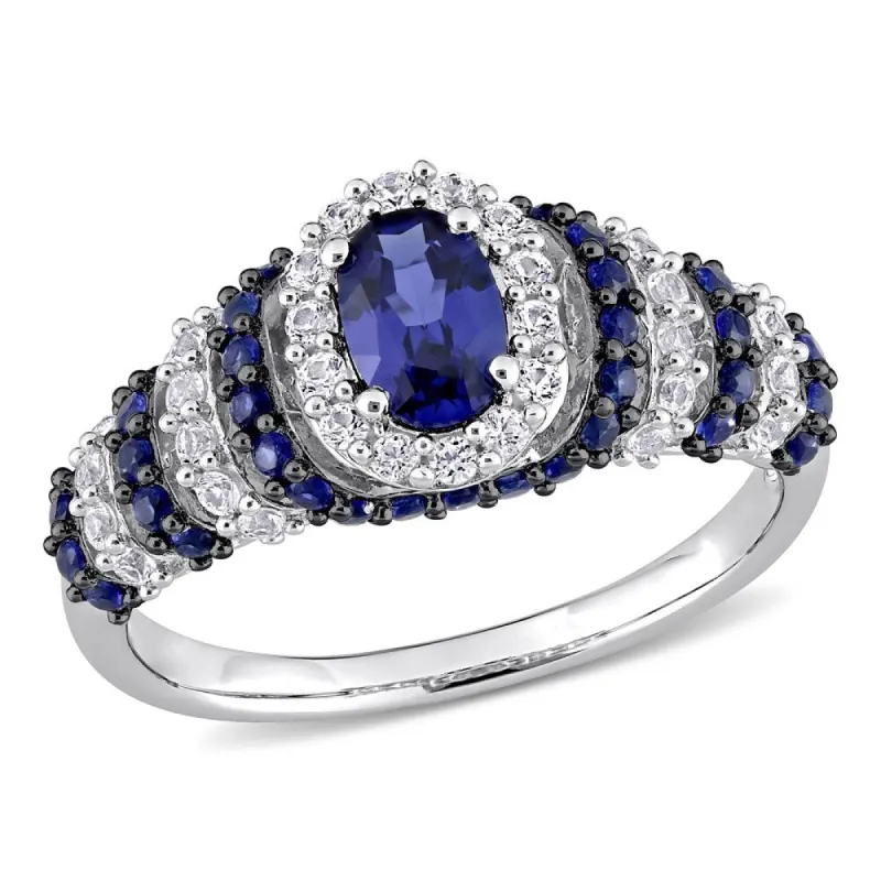 Miadora Sterling Silver Oval Created Blue and White Sapphire Halo Layered Cocktail Ring sold by Zulily
