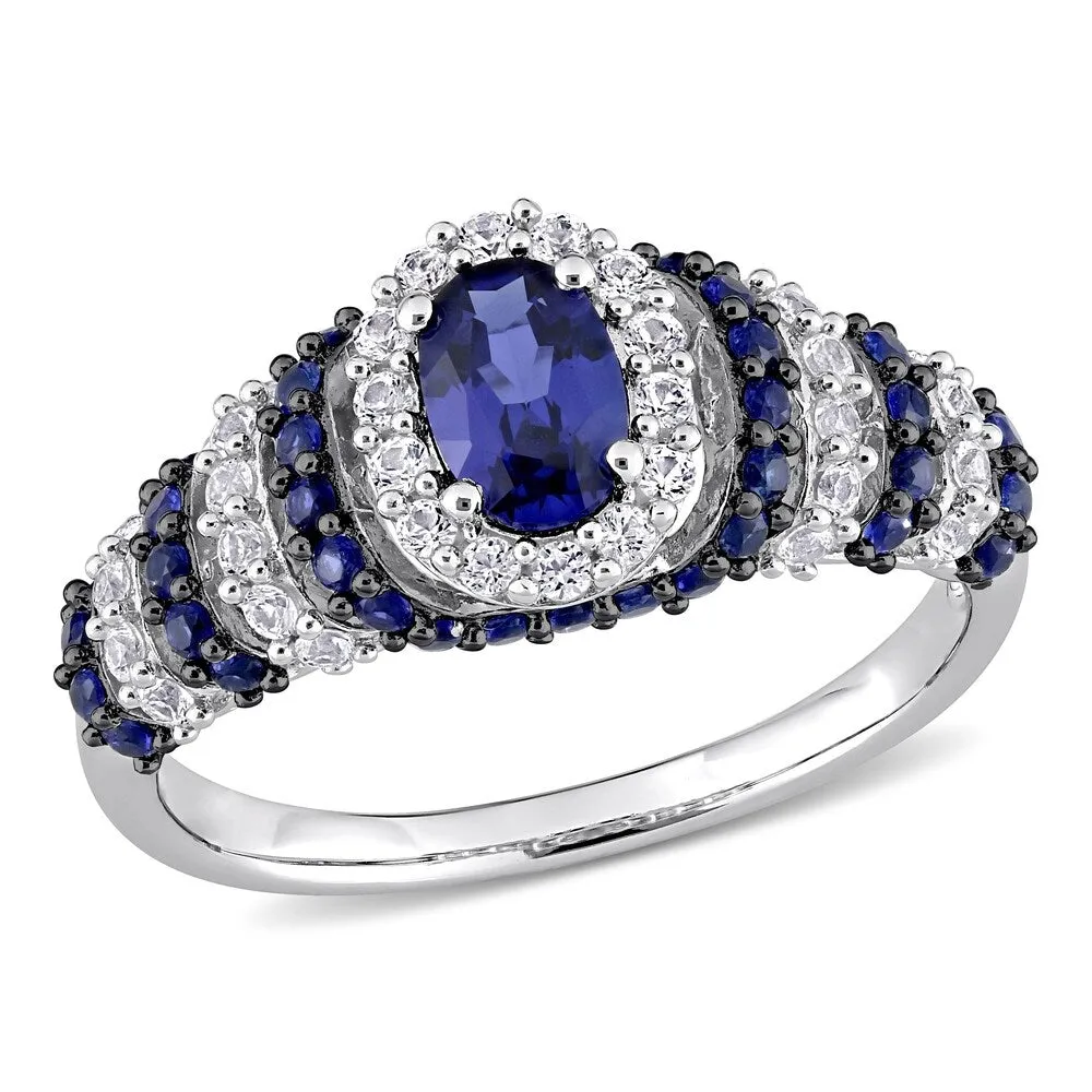 Miadora Sterling Silver Oval Created Blue and White Sapphire Halo Layered Cocktail Ring sold by Zulily