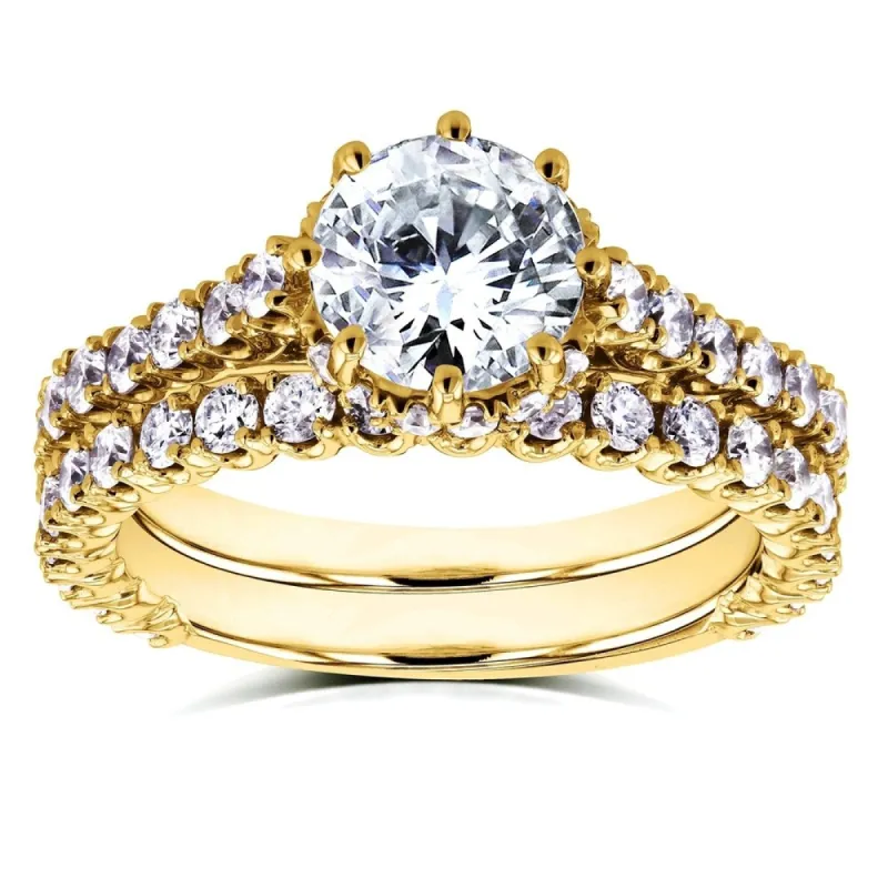 Annello by Kobelli 14k Yellow Gold 2 1/10ct TDW Round Brilliant Diamond 8-Prong Center Standing Halo Bridal Set (H-I, I1-I2) sold by Zulily