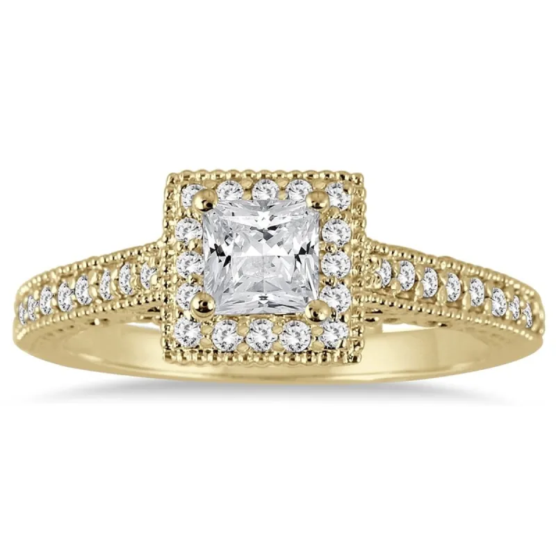 3/4 Carat TW Princess Antique Deco Diamond Halo Engagement Ring in 14K Yellow Gold made by Zulily