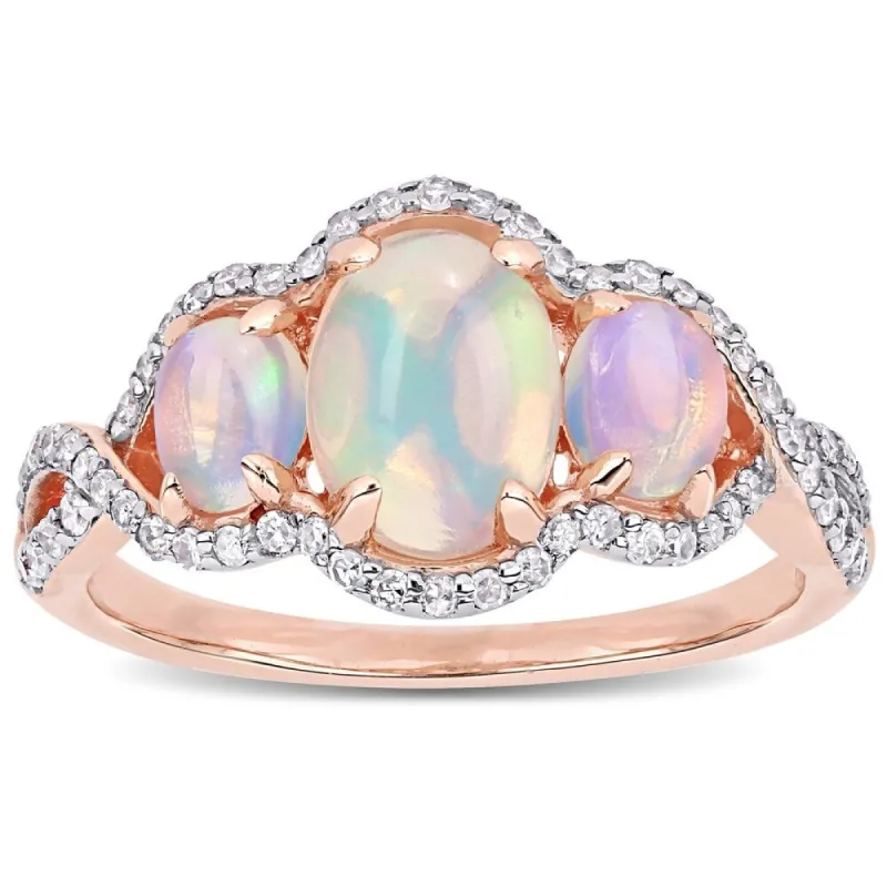 Miadora 10k Rose Gold Oval-Cut Ethiopian Blue Opal & 1/3ct TDW Diamond 3-Stone Ring sold by Zulily