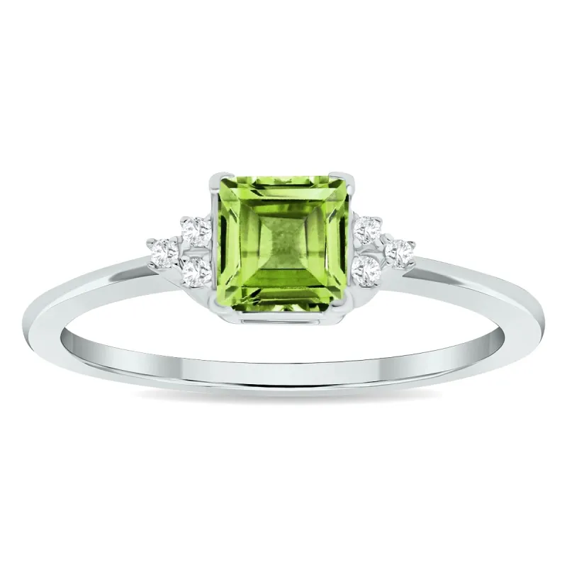 Women's Princess Cut Peridot and Diamond Half Moon Ring in 10K White Gold sold by Zulily