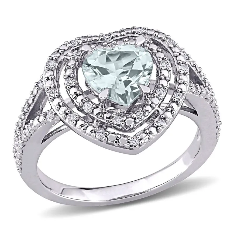 Miadora 10k White Gold Aquamarine and 1/5ct TDW Diamond Double Halo Heart Split Shank Ring sold by Zulily