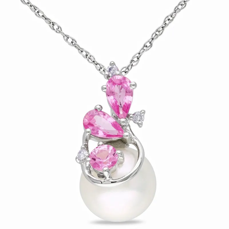 Miadora 8.5-9mm Cultured Freshwater Pearl, Diamond and Sapphire Cluster 10k White Gold sold by Zulily