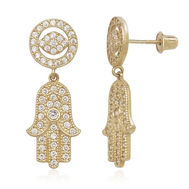 Curata 14K Gold Cubic Zirconia Hamsa Evil Eye Drop Dangling Screw Back Earrings sold by Zulily