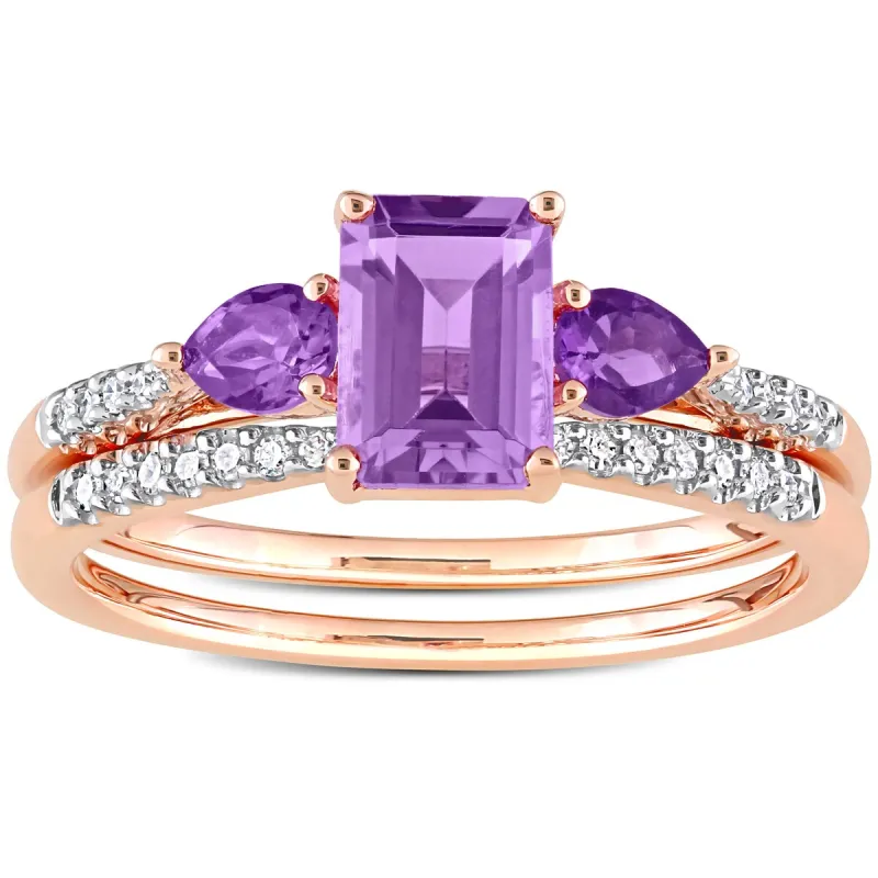 Miadora 10k Rose Gold Rose de France African Amethyst & 1/10ct TDW Diamond 3-Stone Bridal Ring Set sold by Zulily