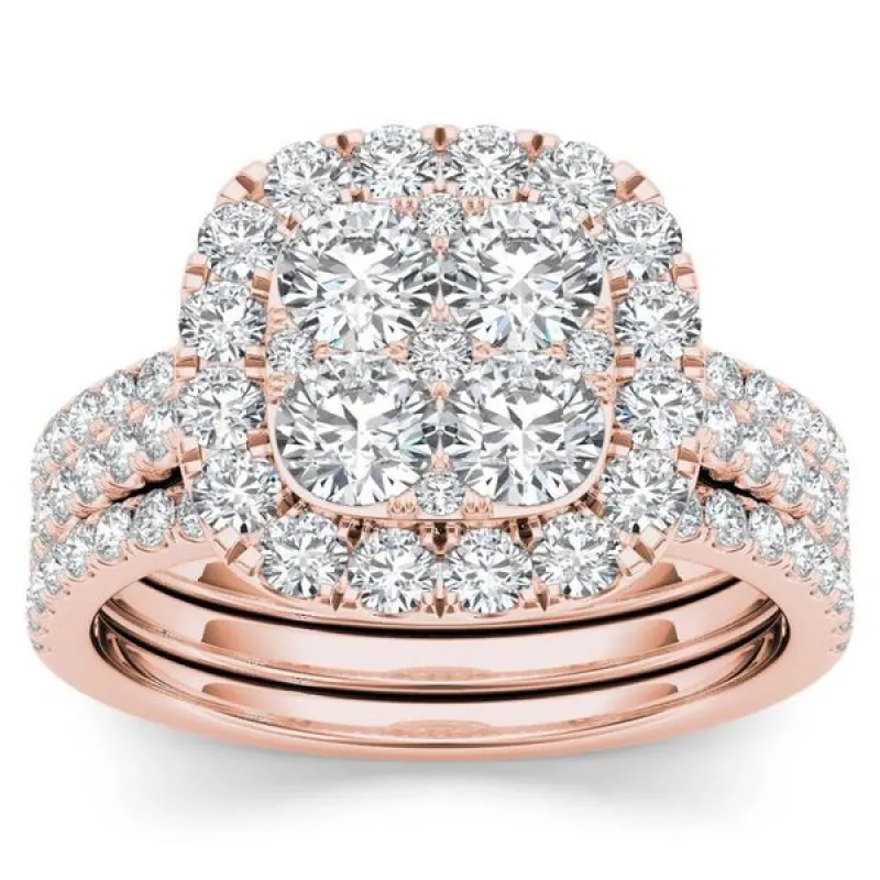 De Couer IGI Certified 14k Rose Gold 2ct TDW Diamond Halo Engagement Ring Set with Two Bands - Pink sold by Zulily