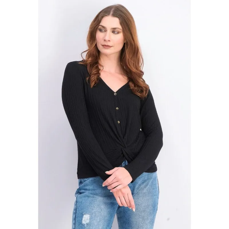 Hippie Rose Juniors' Twist-Front Button-Up Top Black Size Small sold by Zulily