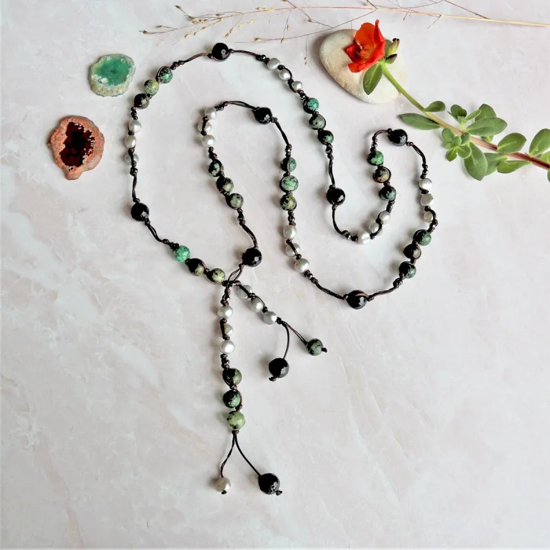 African Turquoise and Freshwater Pearl Mix Long Lariat Layering Necklace sold by Zulily