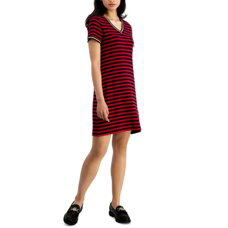 Tommy Hilfiger Women's Cotton Striped Short Sleeve Dress Red Size X-Small made by Tommy Hilfiger