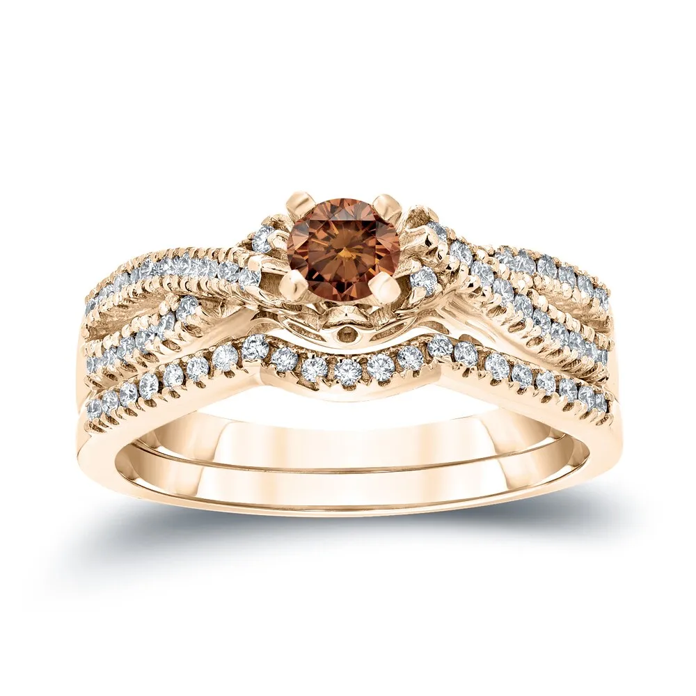 14k Gold 1/2ct TDW Braided Infinity Inspired Brown Diamond Halo Engagement Ring Set by Auriya sold by Zulily product image thumbnail 2