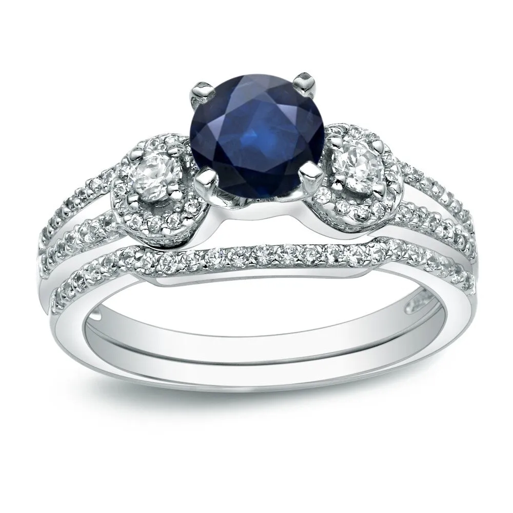 Auriya 14k Gold 1/2ct Round Blue Sapphire and 1/2ctw 3 Stone Diamond Engagement Ring Set sold by Zulily