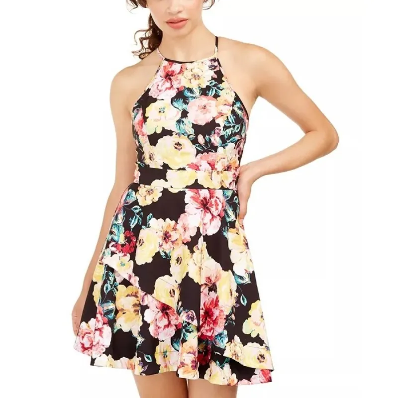 Speechless Women's Yellow Floral Sleeveless Halter Short Fit and Flare Dress Black Multi Size 3 made by Speechless