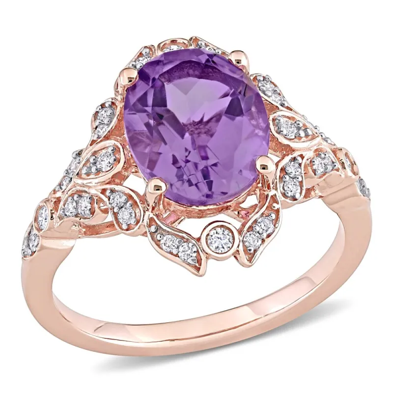 Miadora 14k Rose Gold Oval-cut Amethyst & 1/5ct TDW Diamond Vintage Floral Halo Cocktail Ring sold by Zulily