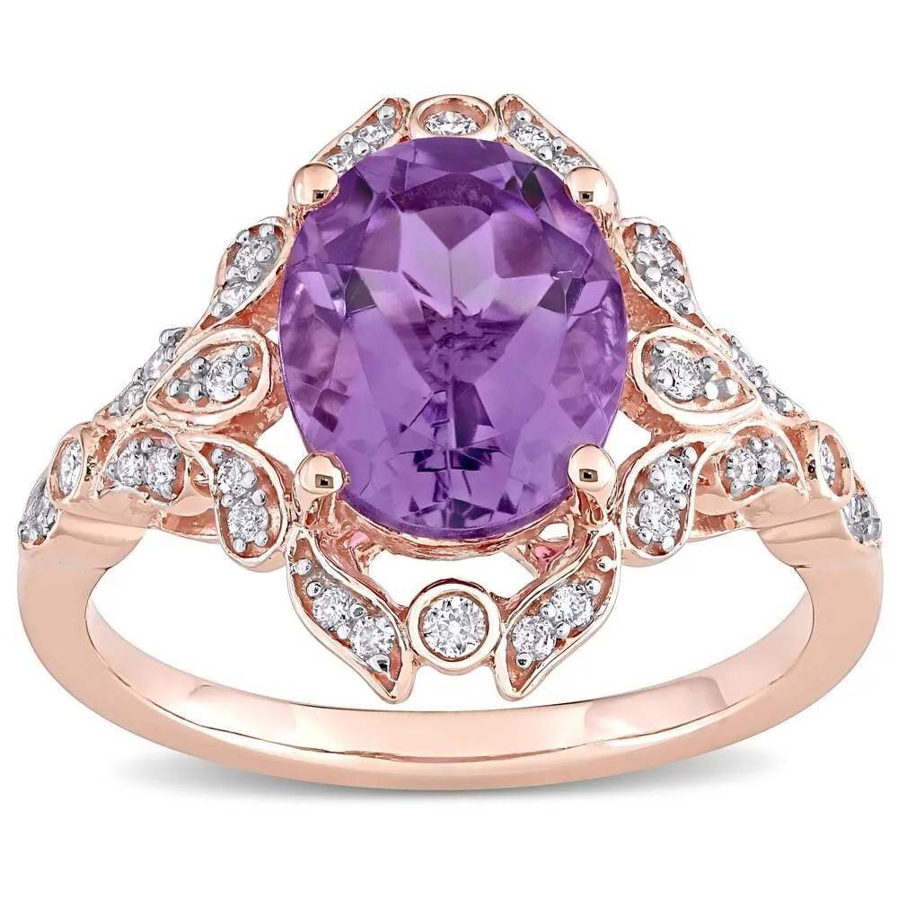 Miadora 14k Rose Gold Oval-cut Amethyst & 1/5ct TDW Diamond Vintage Floral Halo Cocktail Ring sold by Zulily product image thumbnail 2