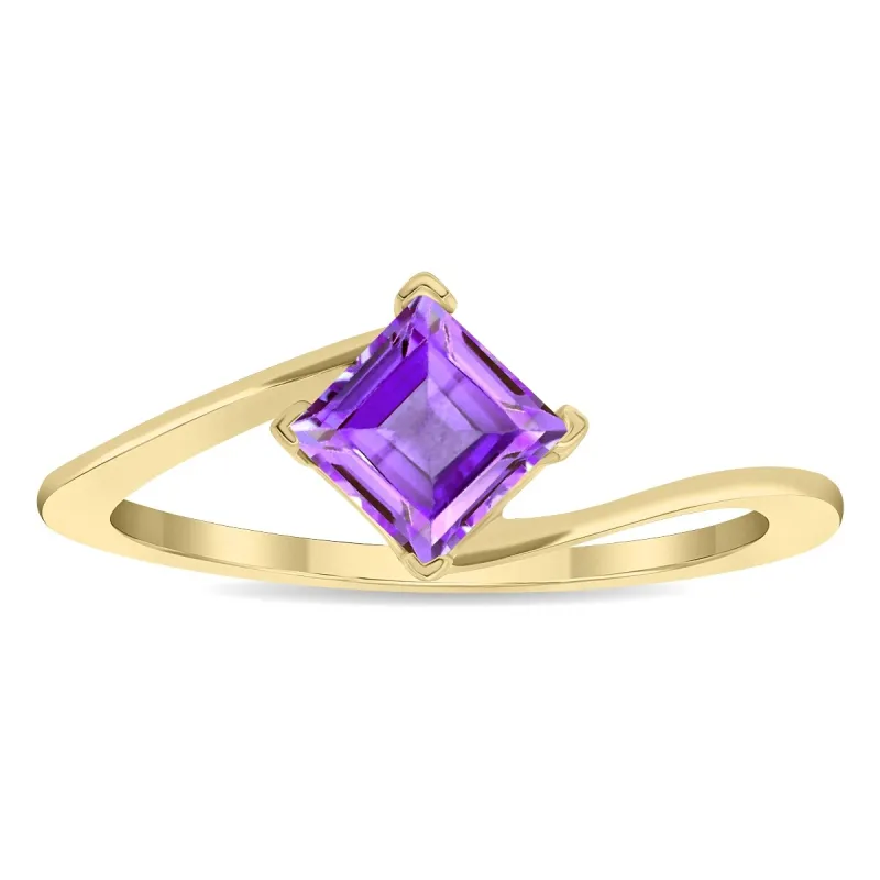 Women's Solitaire Square Shaped Amethyst Wave Ring in 10K Yellow Gold sold by Zulily