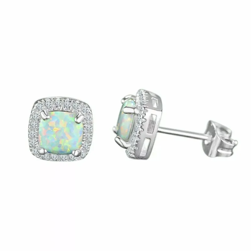 925 Sterling Silver Fire Opal White Topaz Halo Square Stud Earrings - 10MM sold by Zulily