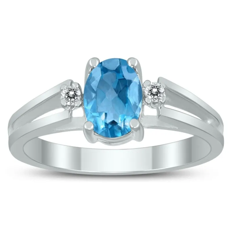7X5MM Blue Topaz and Diamond Open Three Stone Ring in 10K White Gold sold by Zulily