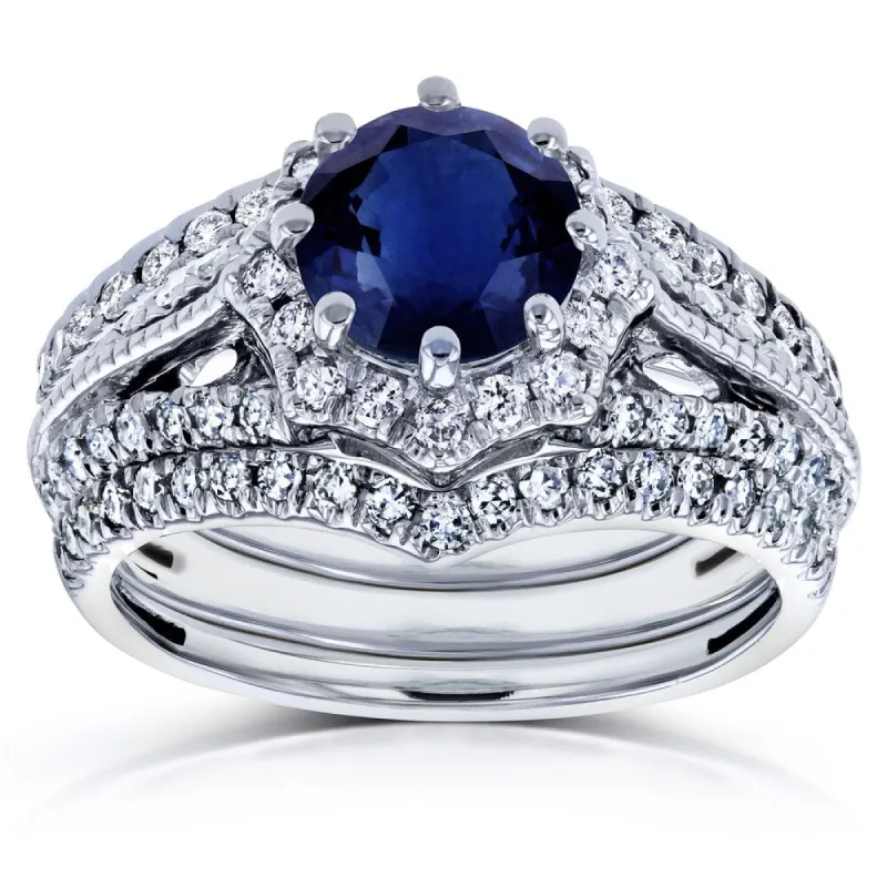 Annello by Kobelli 14k White Gold Blue Sapphire and 5/8ct TDW Diamond Star Halo 3-Ring Bridal Set (H-I, I1-I2) sold by Zulily