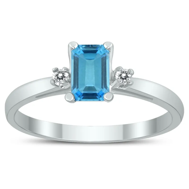 Emerald Cut 6X4MM Blue Topaz and Diamond Three Stone Ring in 10K White Gold sold by Zulily