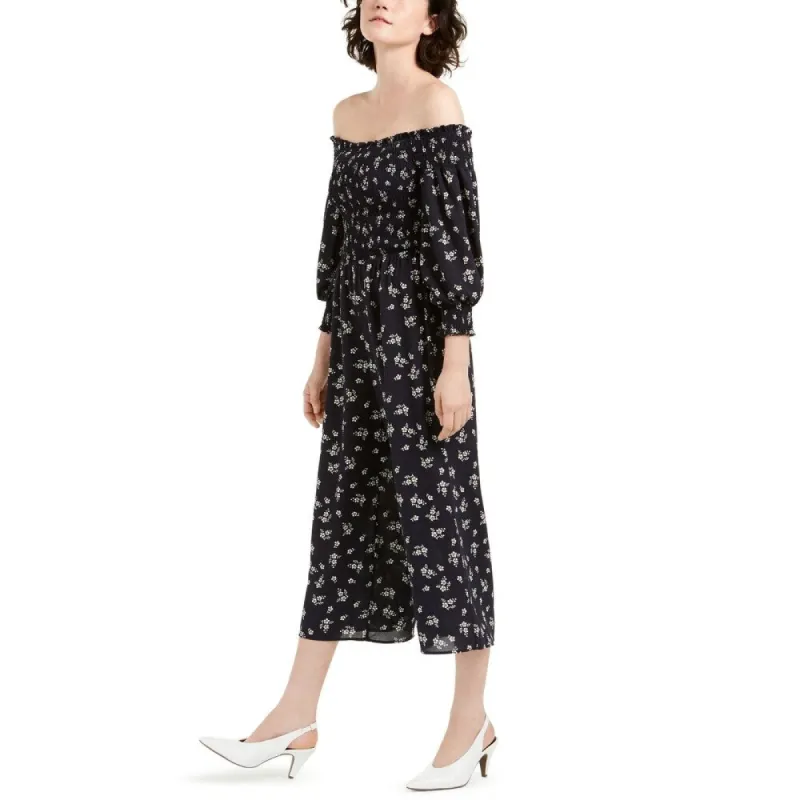 1.STATE Women's Navy Floral Long Sleeve Off Shoulder Tea-Length Shift Formal Dress Black Size Large sold by Zulily